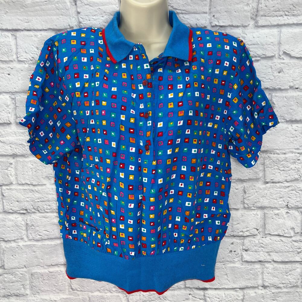 Vintage JBJ Sportswear Womens Polo Shirt Blue Geo Dot Size 14/L 80s/90s